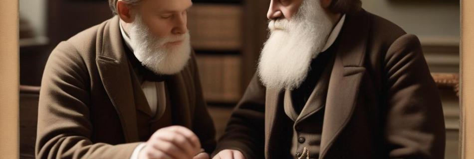 Sind sich nie begegnet, haben aber viel gemeinsam: Charles Darwin (rechts) und Friedrich Dürrenmatt. (Das Bild ist KI-generiert)